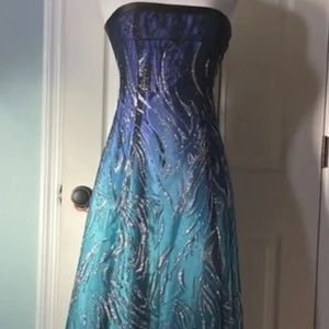NWT NV Couture Women Size 8 Blue Turquoise Glitter Ombre Lace-Up Prom Dress Gown